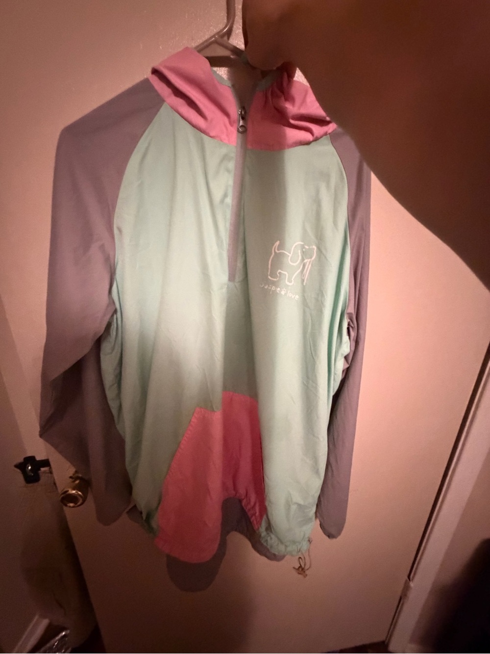 Colorblock Hooded Raincoat in Mint, Pink & Gray — Lightweight Pullover